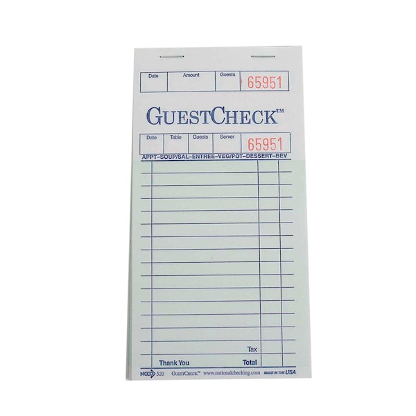 National Checking 3.5"x6.75" 1 Part Green 19 Line Guest Check 50 Checks, PK50 520-50 - main